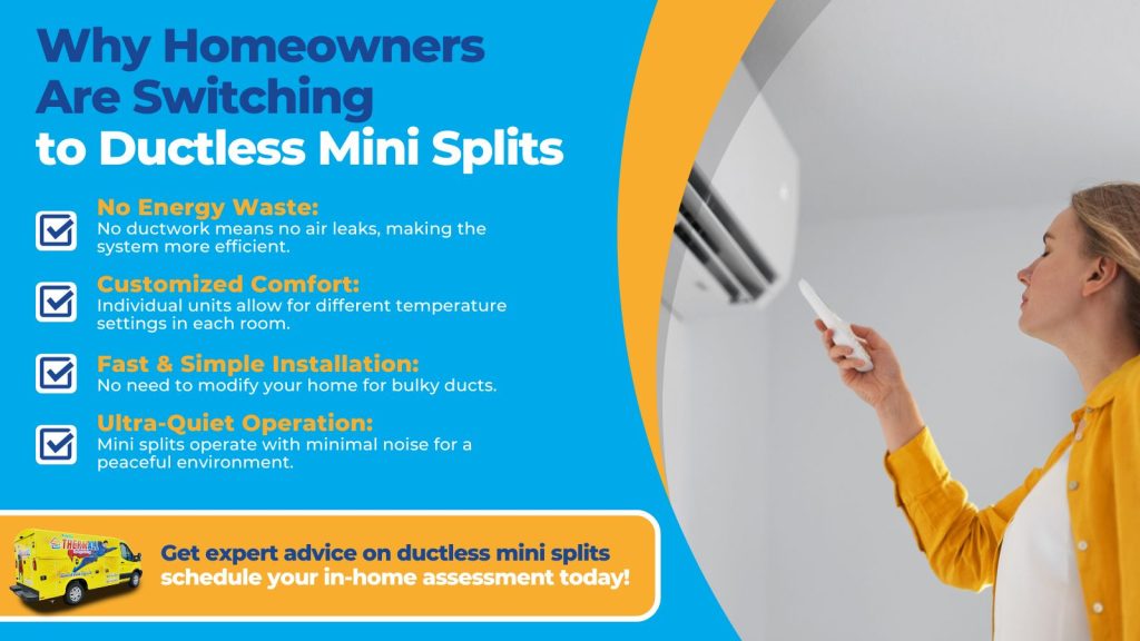 This is an image of a woman controlling a mini split with remote control. The headline reads why homeowners are switching to ductless mini splits